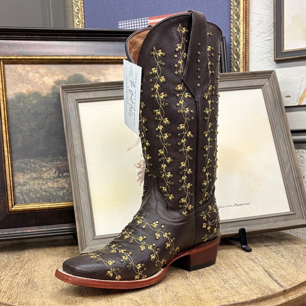 Ferrini Dark Brown Floral Embroidered Heeled Boots